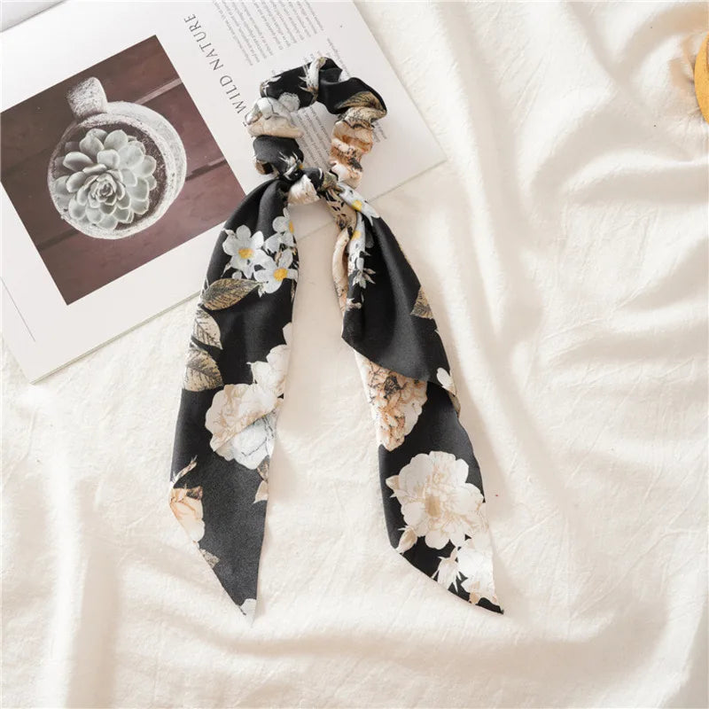 Flower Bow Satin Hair Ribbon Scrunchies – Vintage Ponytail Hairbands for Women