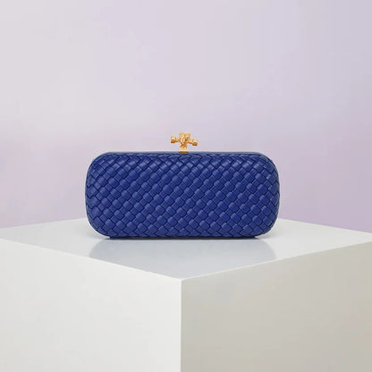 Blue woven PU box clutch with gold-tone clasp, evening bag