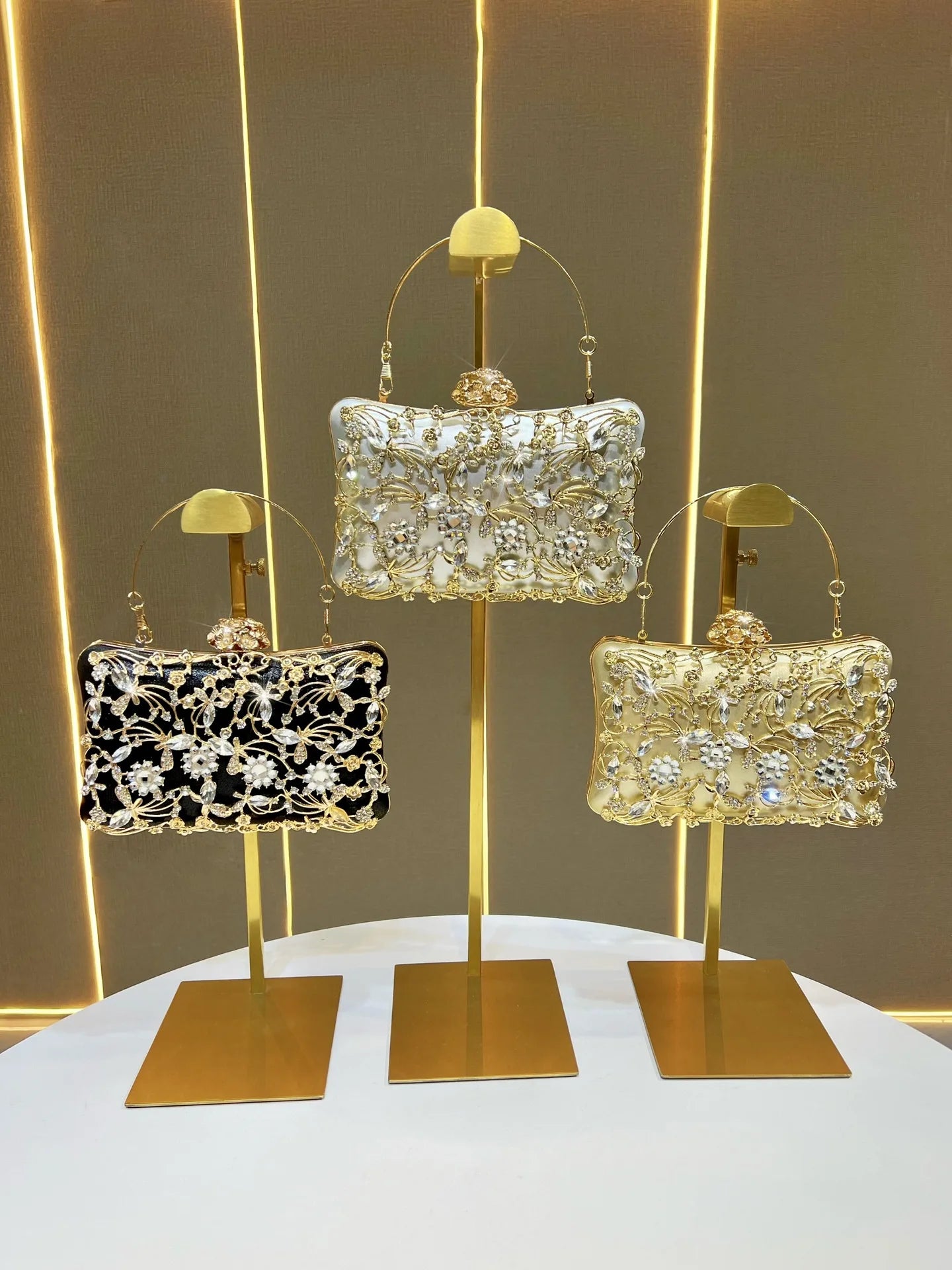 Edenista banquet bags set of 3, ivory/cream satin with crystal floral embroidery, evening clutches