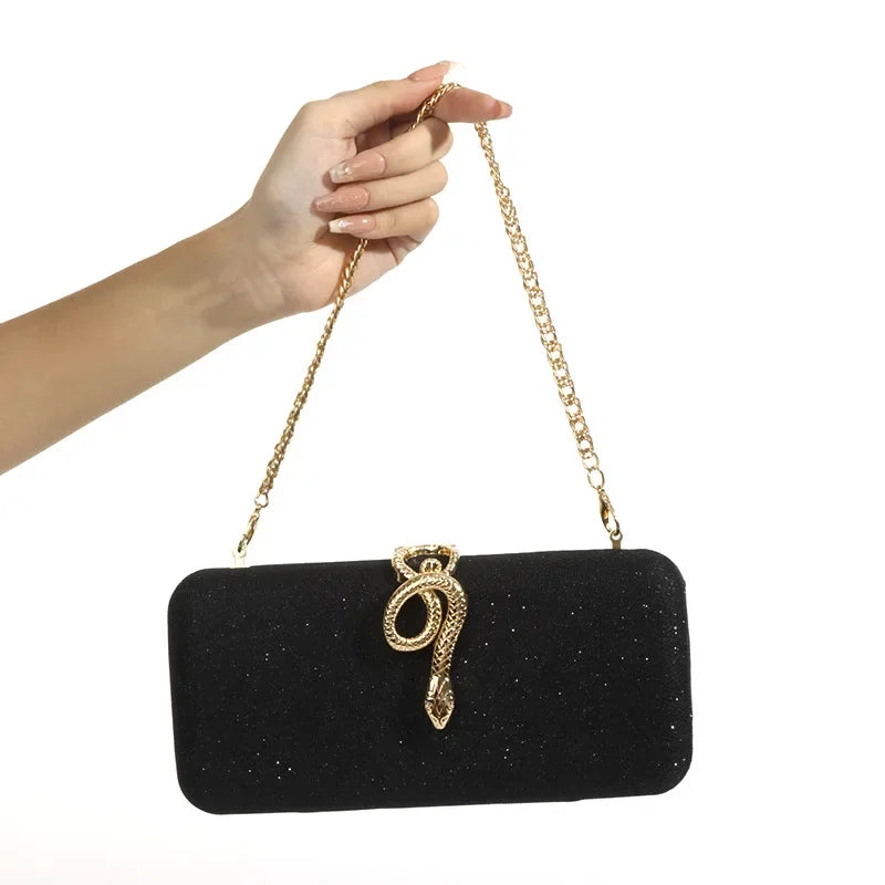 Edenista Classic Snake Buckle Evening Purse, black glitter clutch with gold snake clasp and chain strap