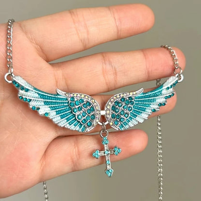 Angel Wings Cross Pendant Necklace – Crystal Rhinestone