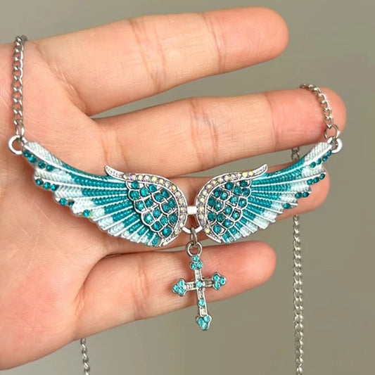 Angel Wings Cross Pendant Necklace – Crystal Rhinestone