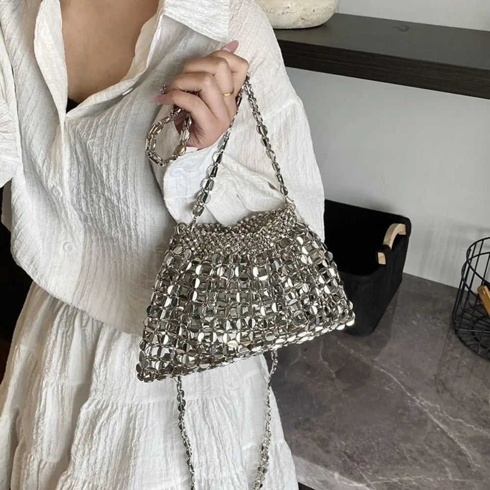 Elegant sequin evening underarm bag by Edenista; silver glitter mesh purse with chain shoulder strap