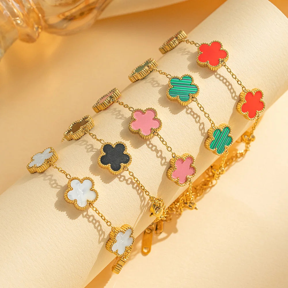 Adjustable Five Leaf Clover Flower Stainless Steel Bracelet
