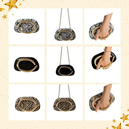 Edenista snake-print box clutch with gold metal closure and chain strap; black/beige variants (nine-view collage)