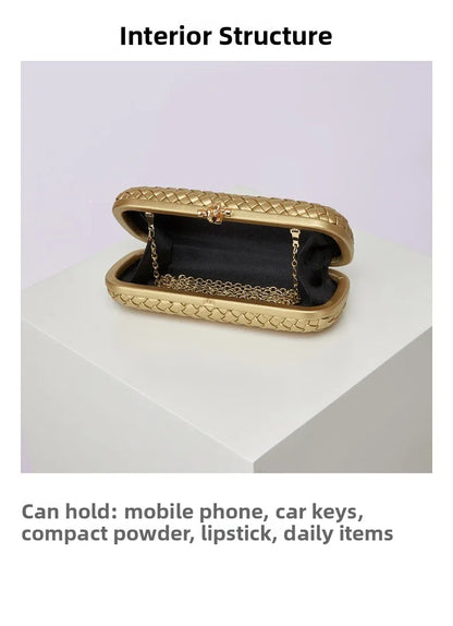 Gold woven PU crossbody bag with chain strap, box clutch style, Edenista.