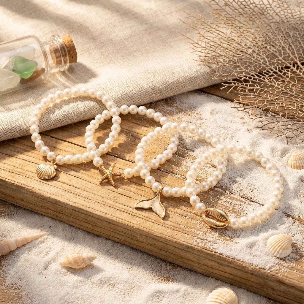 4pcs Imitation Pearl Beaded Chain Bracelets Set for Women Fashion by edenista