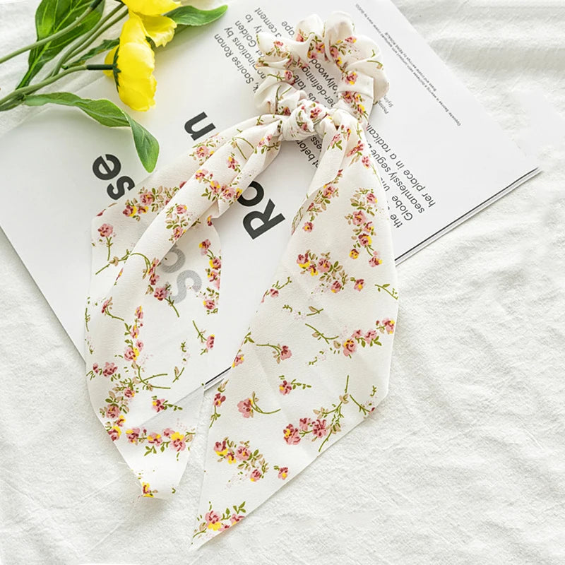 Flower Bow Satin Hair Ribbon Scrunchies – Vintage Ponytail Hairbands for Women