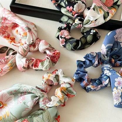Flower Bow Satin Hair Ribbon Scrunchies – Vintage Ponytail Hairbands for Women