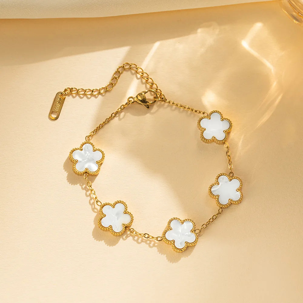 Adjustable Five Leaf Clover Flower Stainless Steel Bracelet
