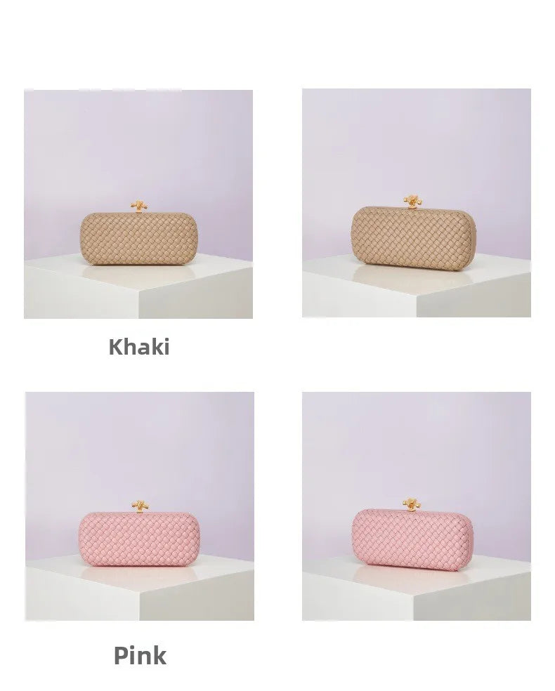 Crossbody woven PU evening bag; 4 bags in khaki and pink with gold-tone clasp