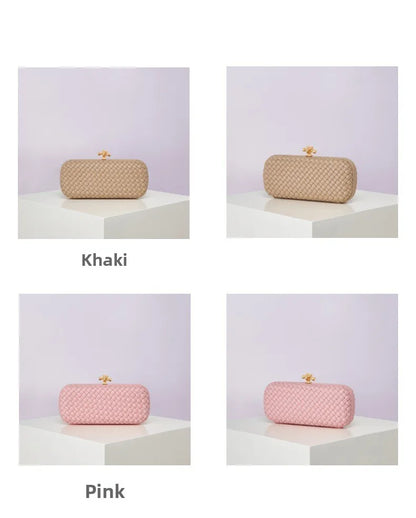 Crossbody woven PU evening bag; 4 bags in khaki and pink with gold-tone clasp