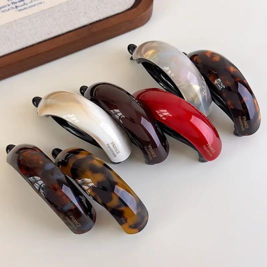 Retro acetate hair barrettes set in tortoise-shell, red, white, clear, beige and dark brown (7 pieces)