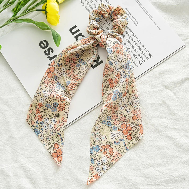 Flower Bow Satin Hair Ribbon Scrunchies – Vintage Ponytail Hairbands for Women