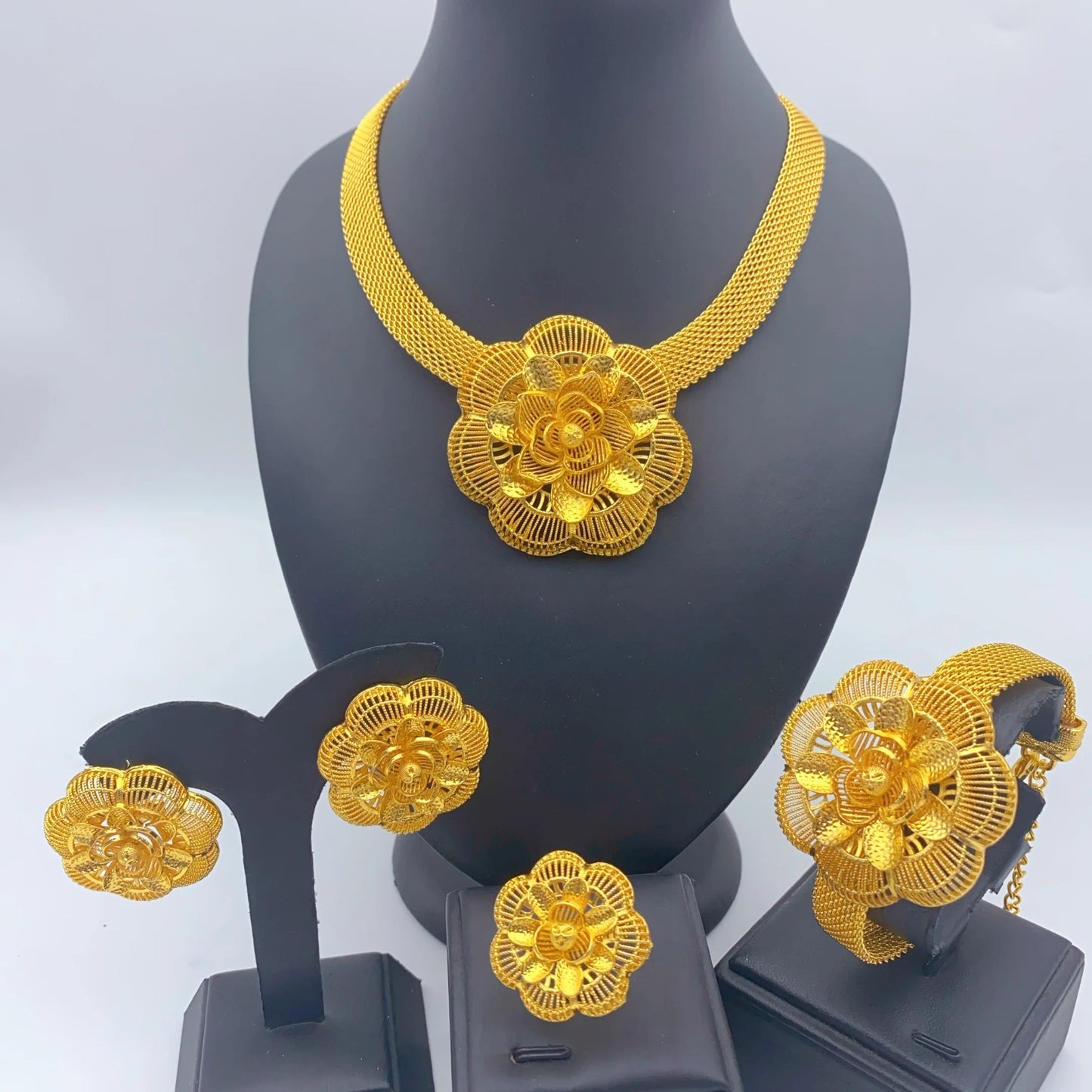 Jewelry Set For Women Indian African Dubai Flower Necklace Earring Nigerian 24K Gold Plated by edenista