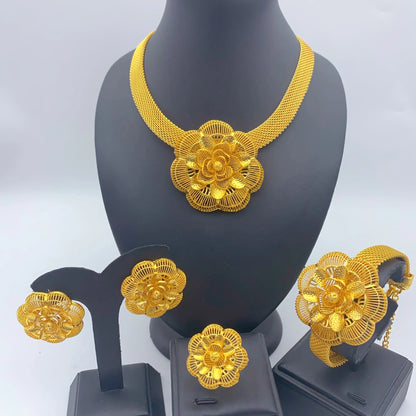 Jewelry Set For Women Indian African Dubai Flower Necklace Earring Nigerian 24K Gold Plated by edenista