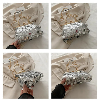 Elegant sequined evening shoulder bag in silver with gold chain strap