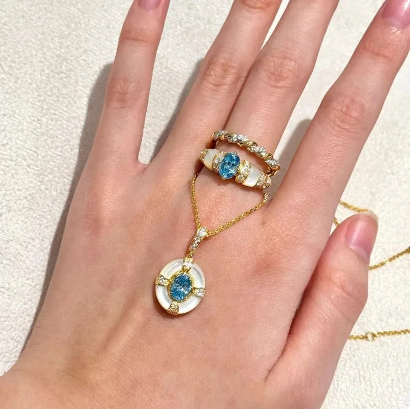 Classic blue jewelry sets dreamy aquamarine gem White Fritillaria Ring necklace by edenista