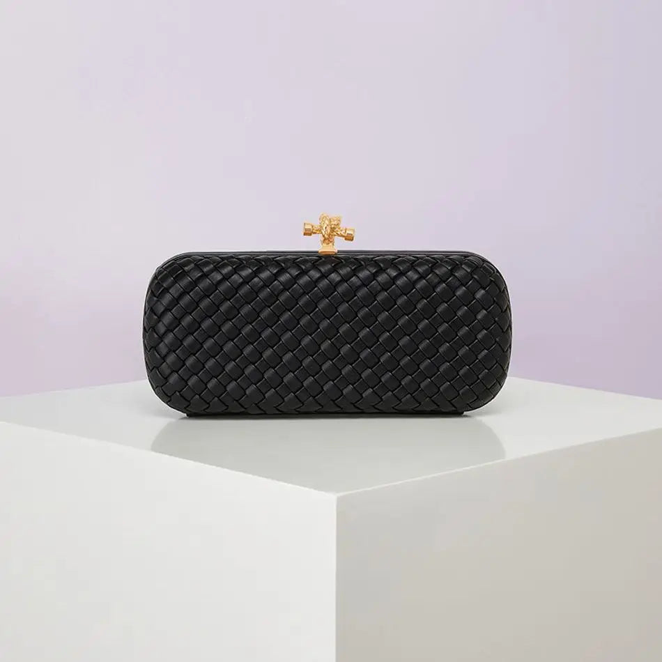 Crossbody B Home PU woven evening bag by Edenista, black with gold-tone clasp