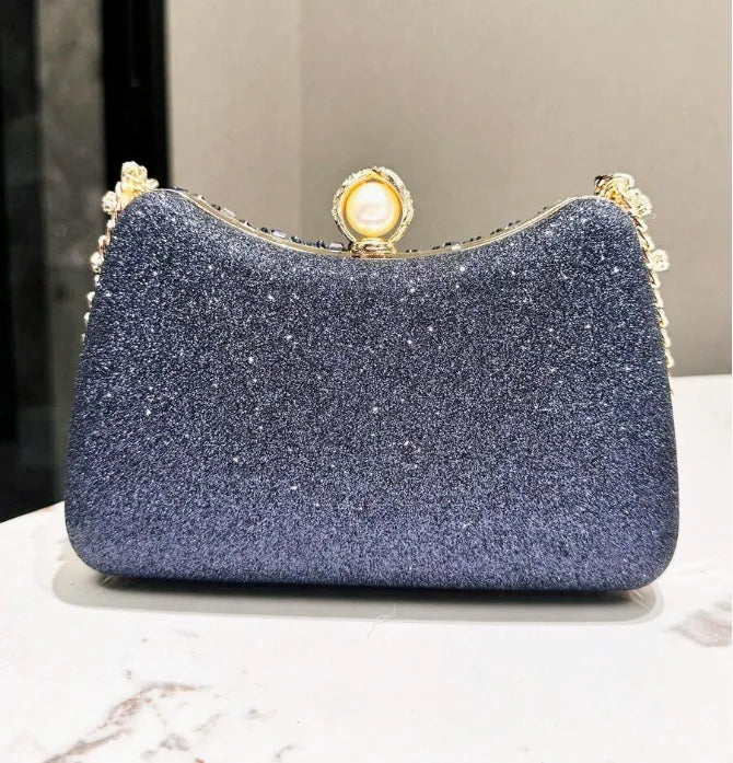 Edenista blue glitter rhinestone evening clutch with pearl clasp and gold frame