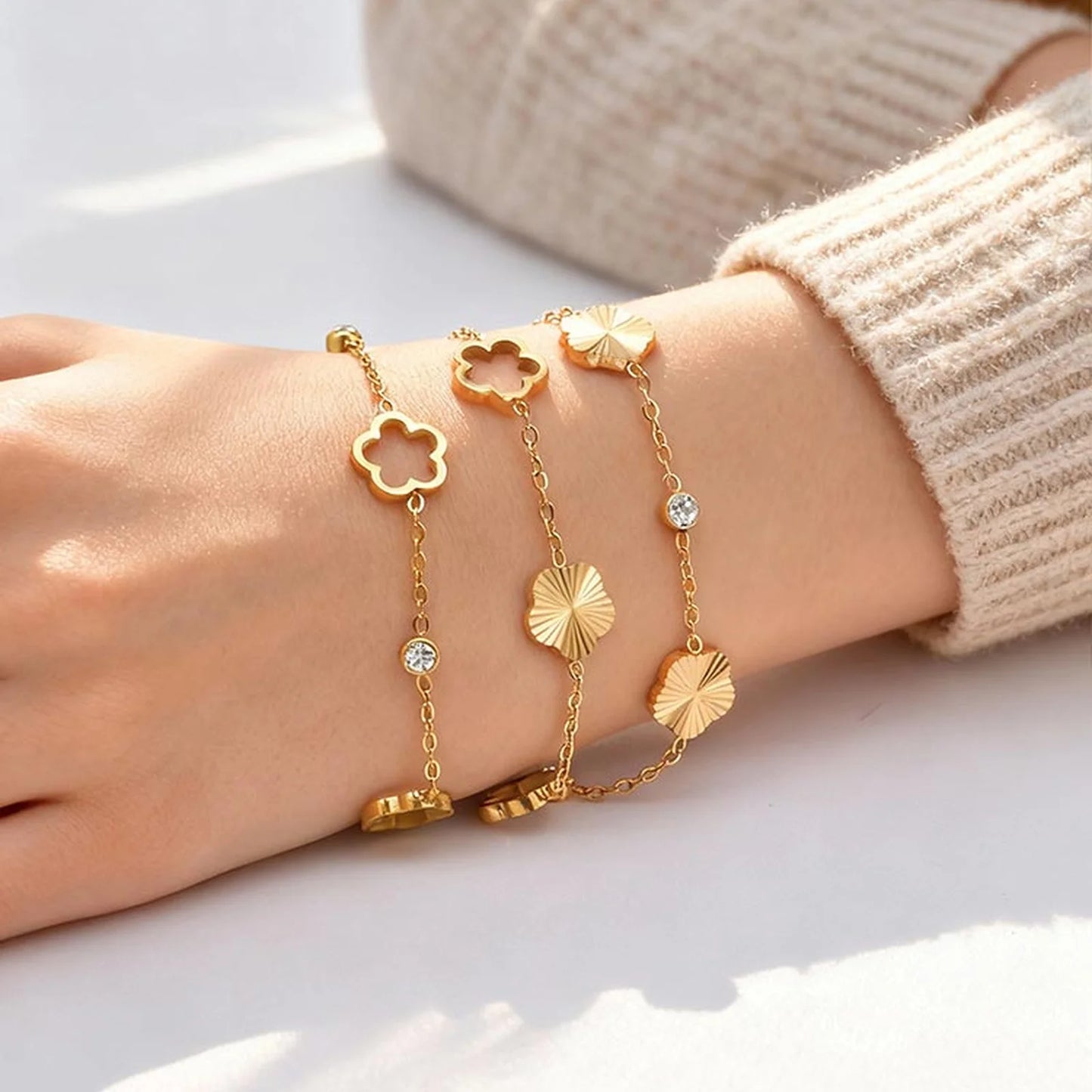 Hollow Five-Petal Flower Zircon Bracelet for Women – Gold
