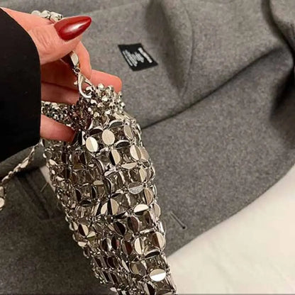 Silver sequin evening bag with mirrored discs and chain shoulder strap