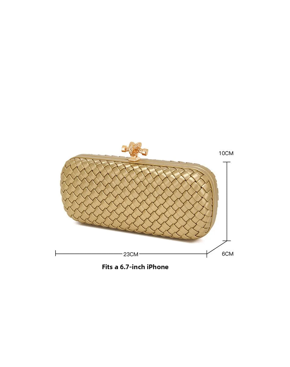 Evening clutch Edenista gold woven PU leather with chain clasp; box-diagonal style fits a 6.7-inch iPhone