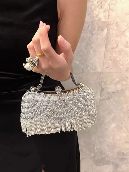 Edenista diamond evening clutch bag with rhinestones and silver fringe tassels