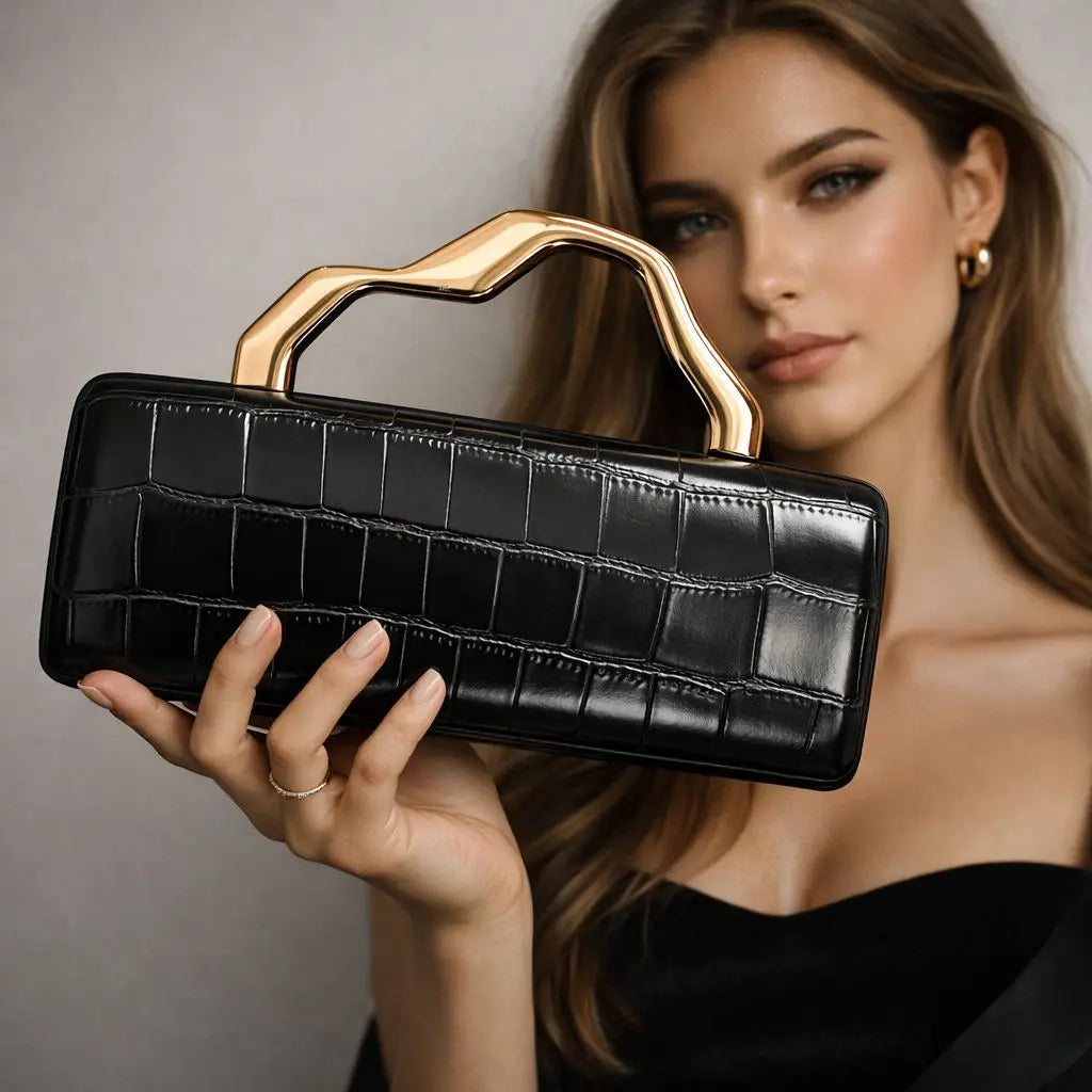 Evening clutch Edenista black crocodile-pattern PU with a gold-toned sculpted handle.