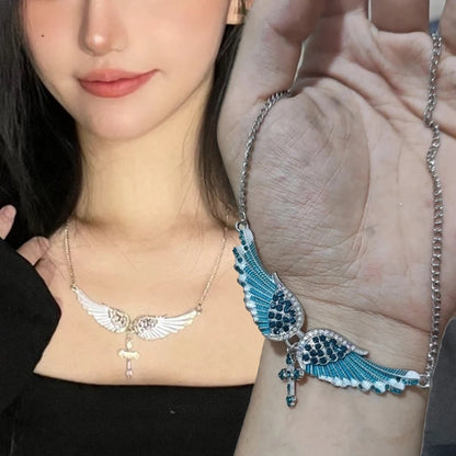 Angel Wings Cross Pendant Necklace – Crystal Rhinestone