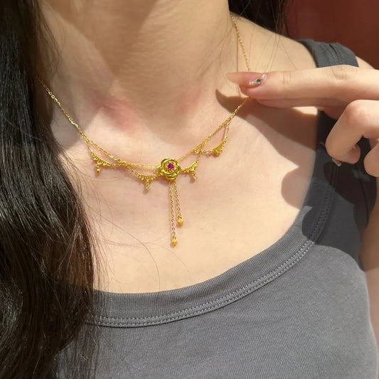 Beautiful glossy rose flower necklace fashion chain tassel light luxury palace style collar chain by edenista
