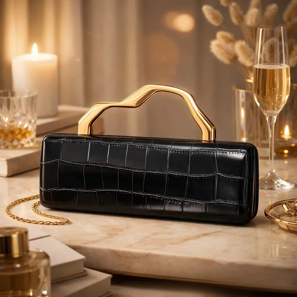 Black crocodile-pattern PU evening clutch with a gold-toned sculpted handle