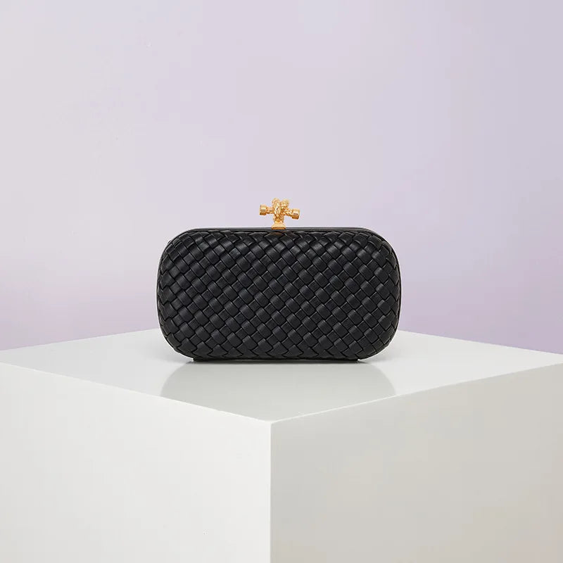 Edenista black woven PU box clutch with gold-tone clasp, evening bag