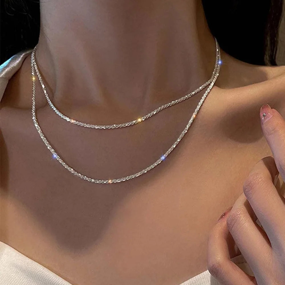 Shiny Sparkling Necklace Bracelet Set For Women Girls Minimalist Silver Plated by edenista