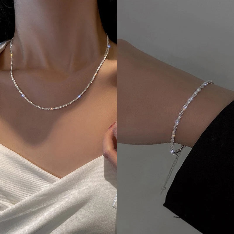 Shiny Sparkling Necklace Bracelet Set For Women Girls Minimalist Silver Plated by edenista