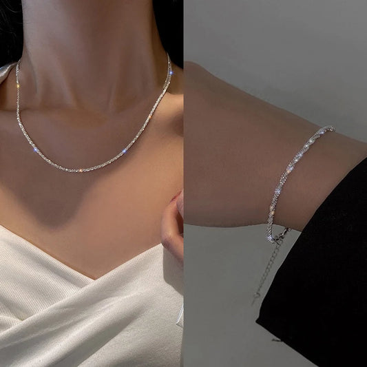 Shiny Sparkling Necklace Bracelet Set For Women Girls Minimalist Silver Plated by edenista