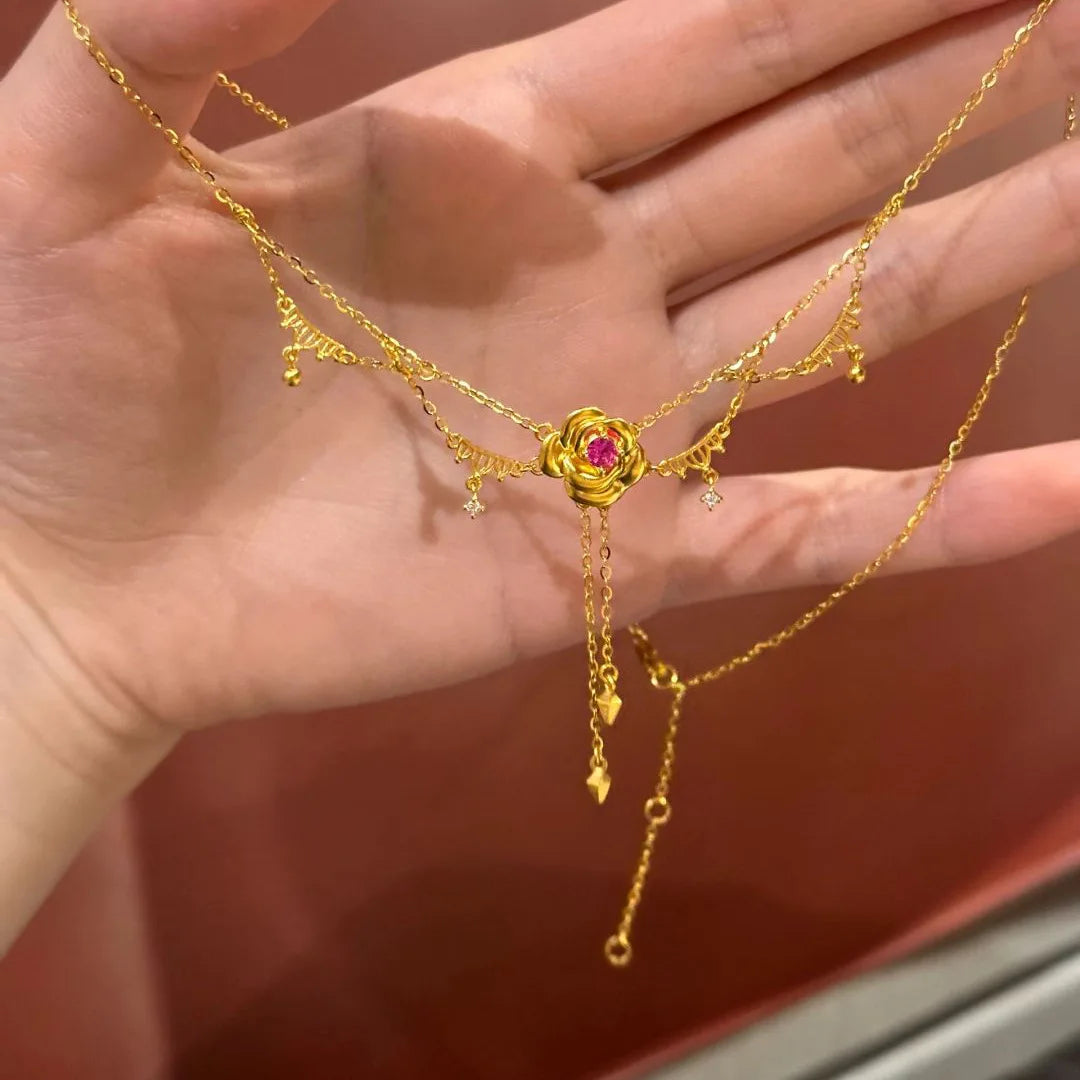 Elegant rose flower necklace by Edenista featuring a glossy finish, chain tassel, and luxurious palace-style design.