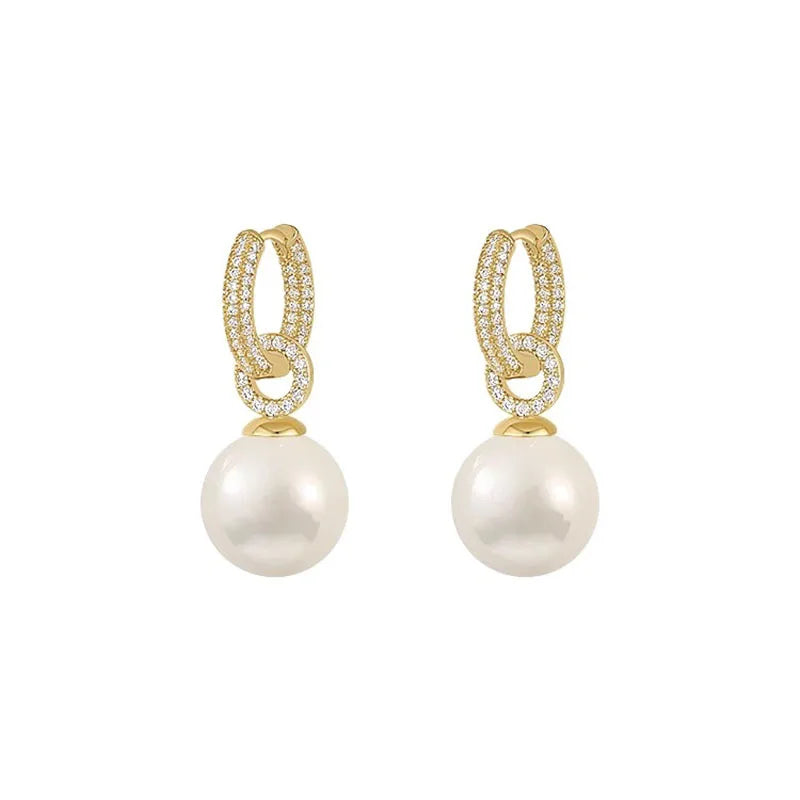 Gold-plated imitation pearl drop earrings with crystal pavé hoops, pair