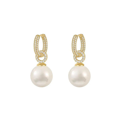 Gold-plated imitation pearl drop earrings with crystal pavé hoops, pair