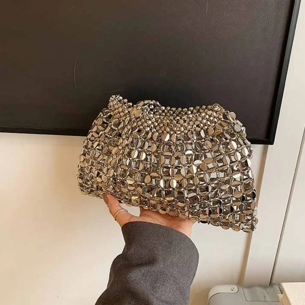 Elegant silver sequin evening bag with metallic disc detailing, mini underarm purse