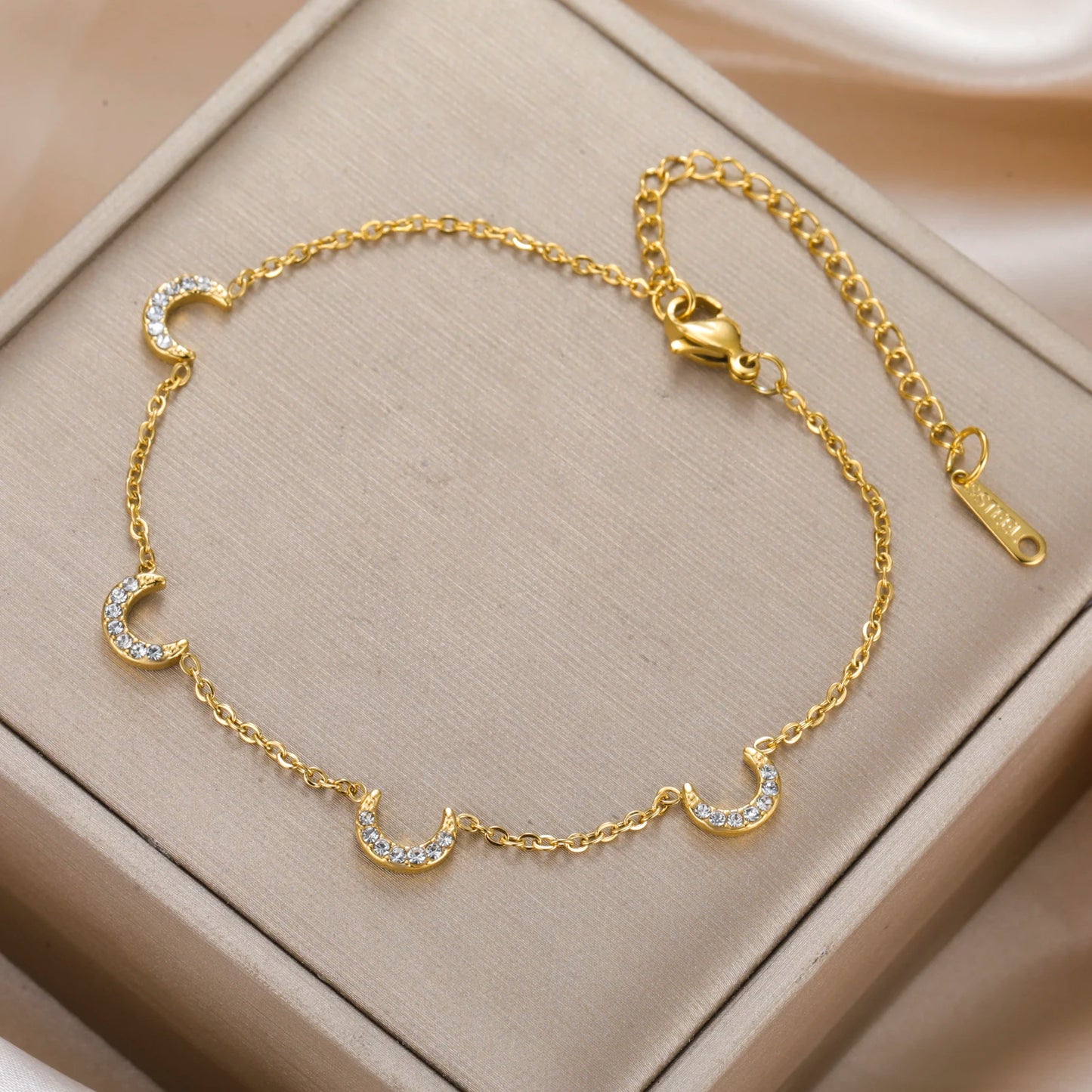 Clear Zircon Crescent Moon Charm Bracelet Stainless Steel Gold Color by edenista