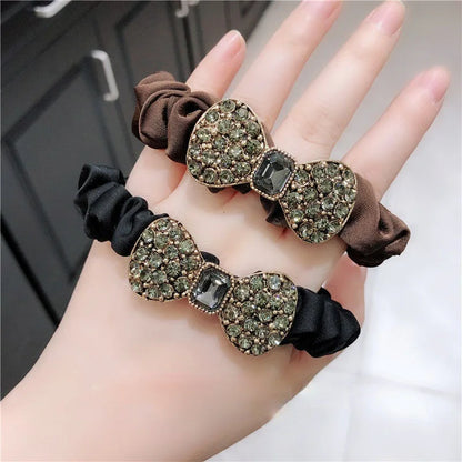 Edenista fashion rhinestone bow scrunchies on hand, brown and black satin elastic hair ties with jeweled bows, 2 pieces