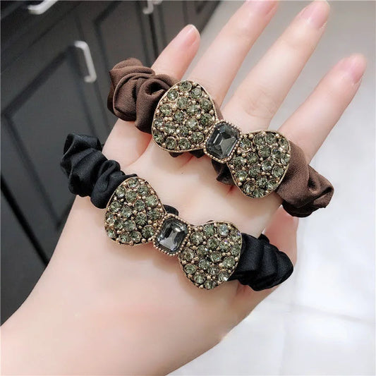 Edenista fashion rhinestone bow scrunchies on hand, brown and black satin elastic hair ties with jeweled bows, 2 pieces