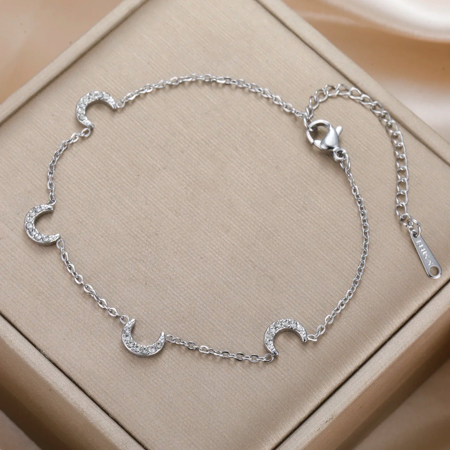 Clear Zircon Crescent Moon Charm Bracelet Stainless Steel Gold Color by edenista