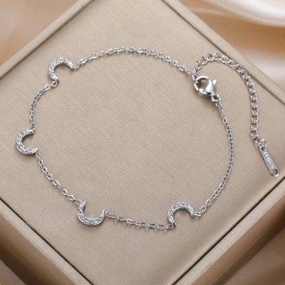 Clear Zircon Crescent Moon Charm Bracelet Stainless Steel Gold Color by edenista