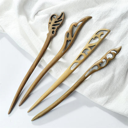 Hair sticks set of 4 in green sandalwood with carved tops, Chinese ethnic style