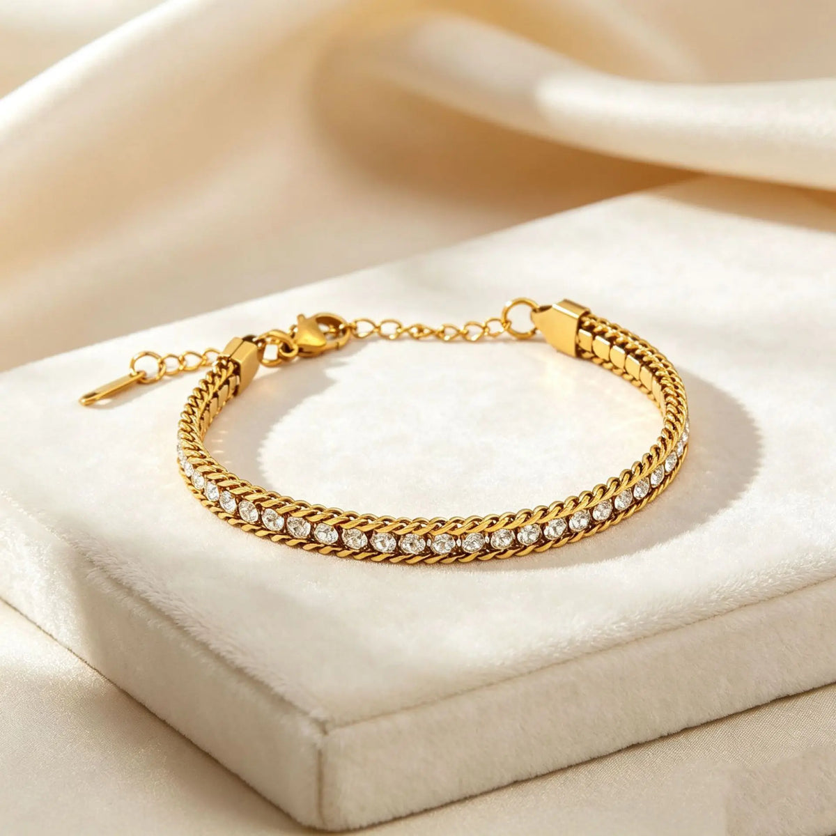 Bracelet gold-tone double-chain with diamond-studded row for elegant layering