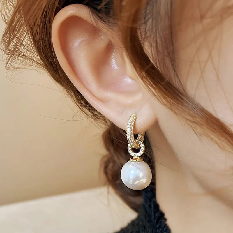 Gold Plated Imitation Pearl & Zircon Drop Earrings