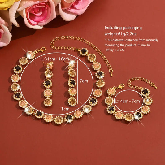 Jewelry set - Crystal zirconium geometric flower necklace, earrings and bracelet - fashionable jewelry. Gift for wife.