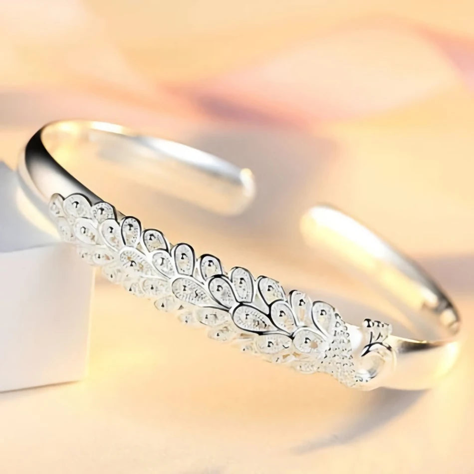 925 Sterling Silver Peacock Bangle Bracelet for Women